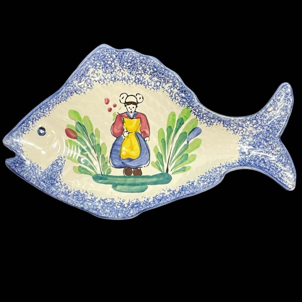Vintage 1950s Portico France Ceramic Hand Painted Fish Platter - St Malo